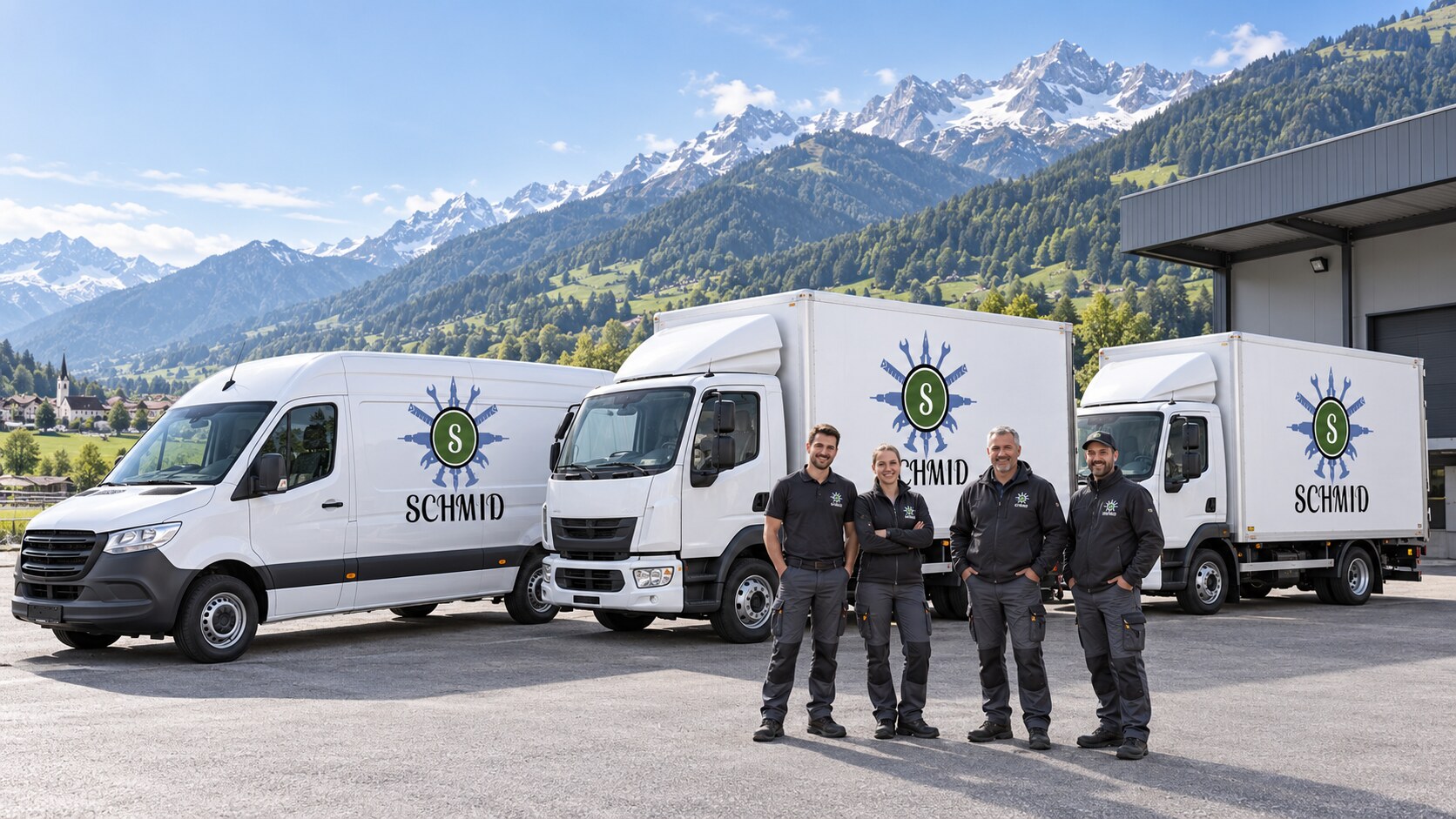 SCHMID LOGISTIK Fuhrpark und Team vor der Bergkulisse des Salzburger Landes