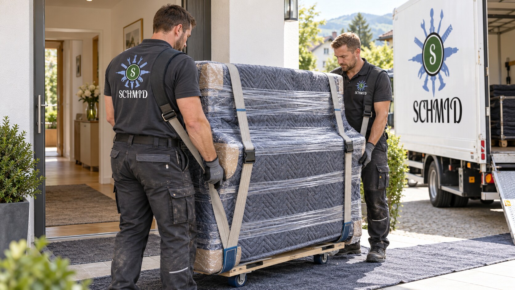 Zwei SCHMID Mitarbeiter transportieren ein professionell geschütztes Klavier